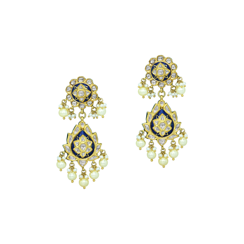 Drop Earrings with Blue Enamel and Pearls